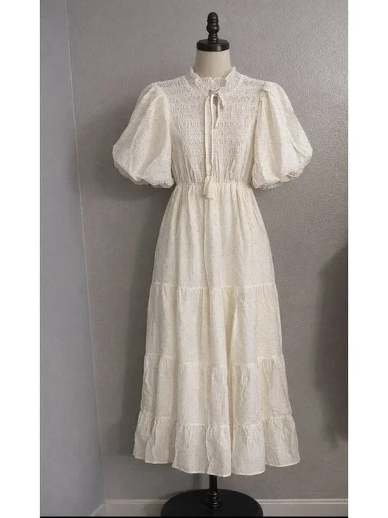 Moon River Womens Smocked Milkmaid Maxi Dress M Cream Dot Princess Feminine NEW - Picture 3 of 9